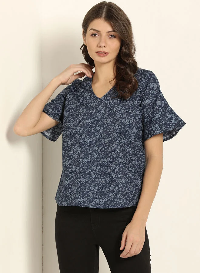ABOF Printed V-Neck Top Dark Blue