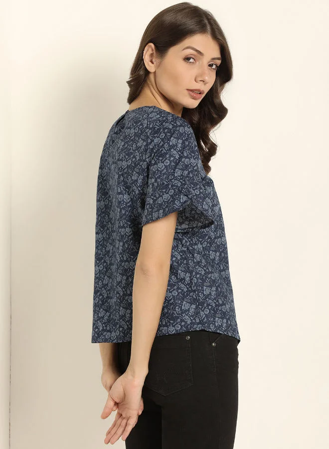ABOF Printed V-Neck Top Dark Blue