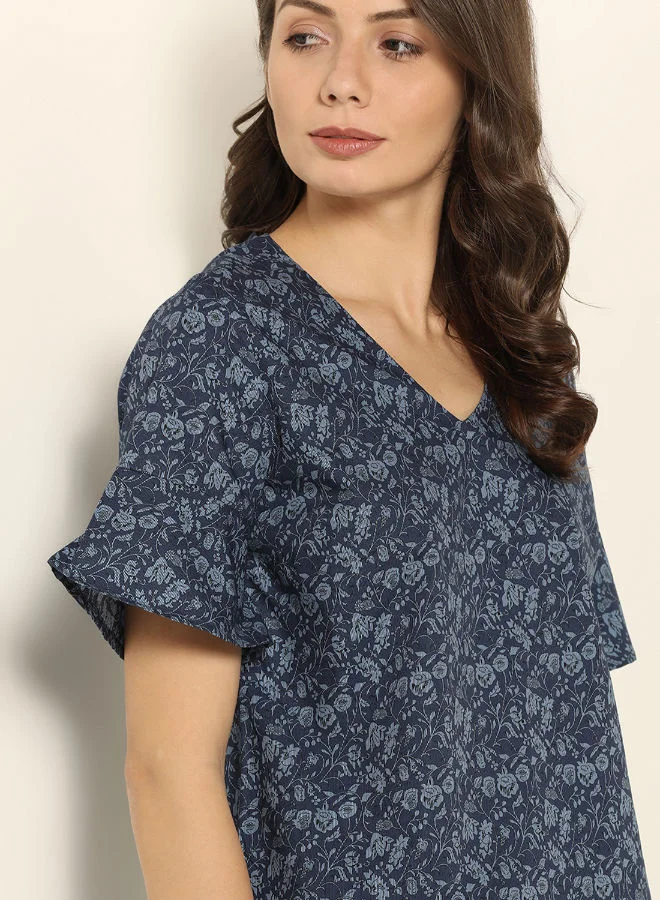ABOF Printed V-Neck Top Dark Blue