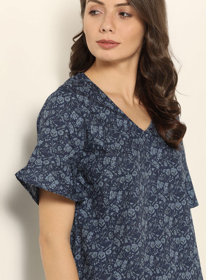 ABOF Printed V-Neck Top Dark Blue - Image 3