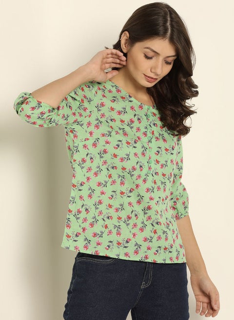 Printed Half Placket Button Three-Quarter Sleeve Top Green/Red