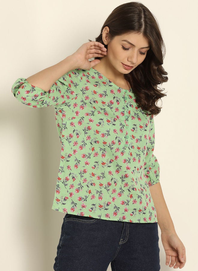 ABOF - Printed Half Placket Button Three-Quarter Sleeve Top Green/Red - Image 1