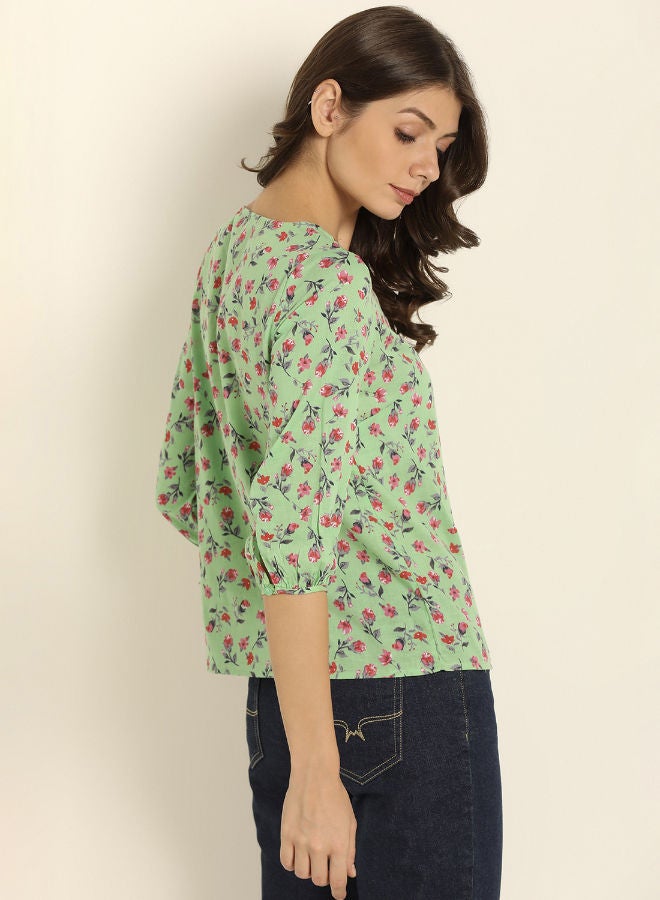 ABOF - Printed Half Placket Button Three-Quarter Sleeve Top Green/Red - Image 1