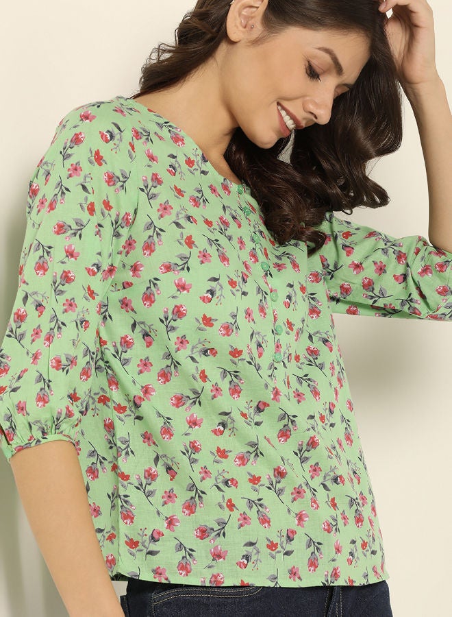 ABOF - Printed Half Placket Button Three-Quarter Sleeve Top Green/Red - Image 1
