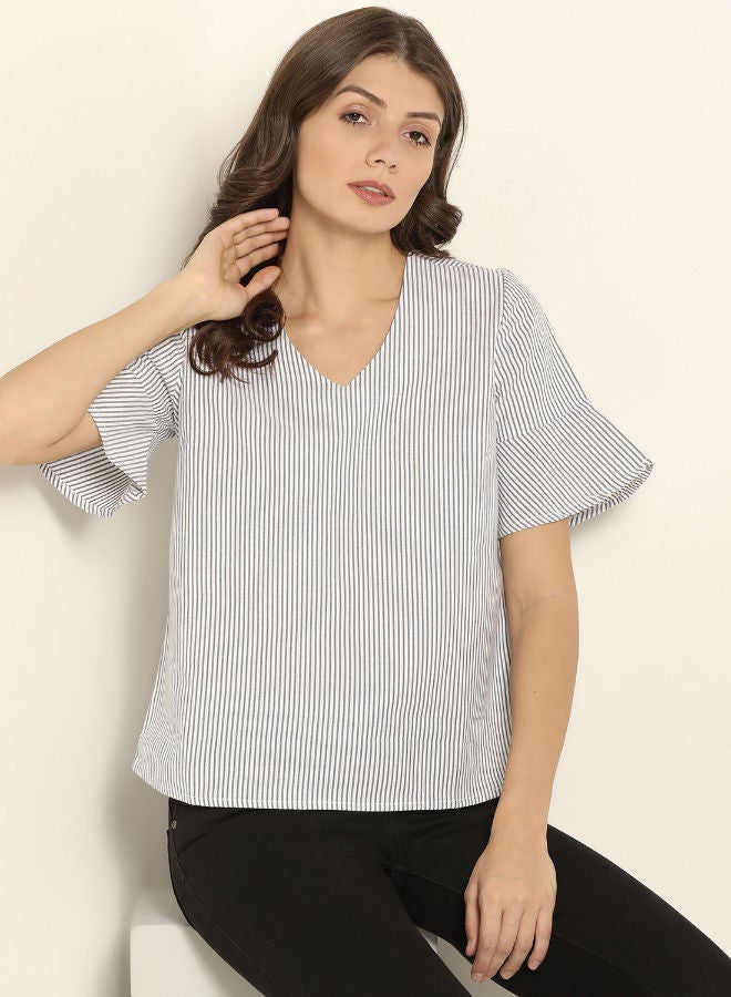 ABOF Striped Pattern V-Neck Top Blue/White  - Image 1