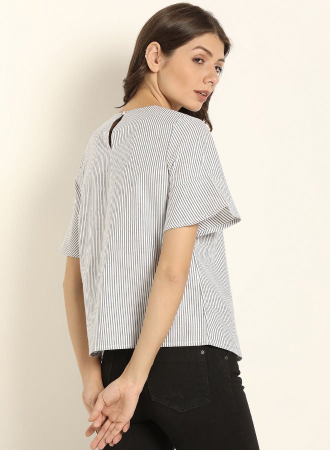 ABOF Striped Pattern V-Neck Top Blue/White  - Image 2