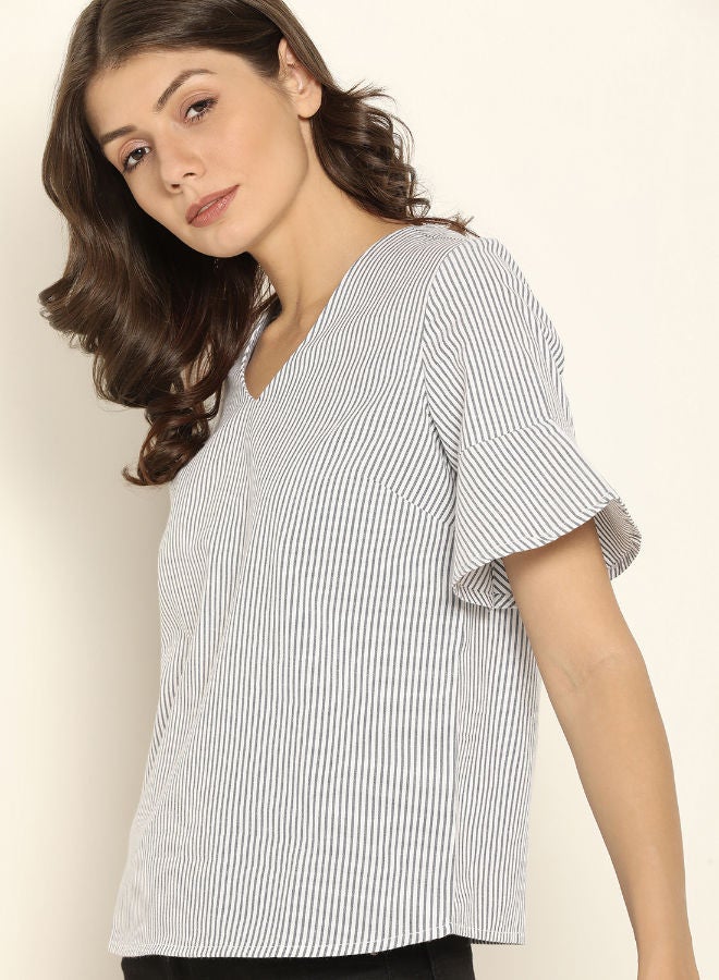 ABOF Striped Pattern V-Neck Top Blue/White  - Image 3