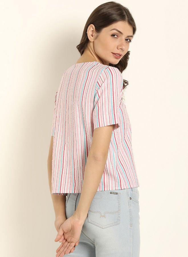 ABOF Striped Pattern V-Neck Top Multicolour  - Image 2