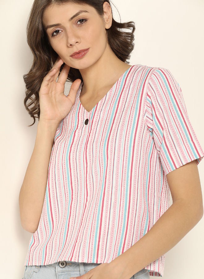 ABOF Striped Pattern V-Neck Top Multicolour  - Image 3