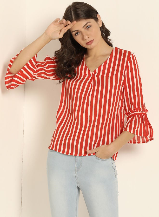 ABOF Striped Pattern V-Neck Bell Sleeve Top Red/White  - Image 1