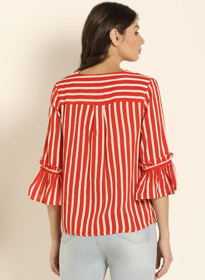 ABOF Striped Pattern V-Neck Bell Sleeve Top Red/White  - Image 2