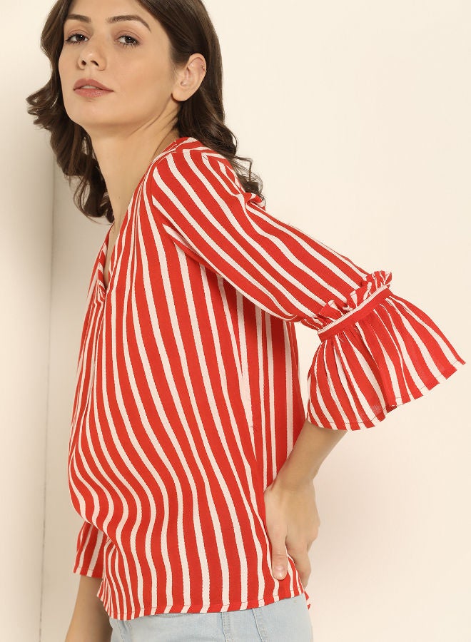 ABOF Striped Pattern V-Neck Bell Sleeve Top Red/White  - Image 3