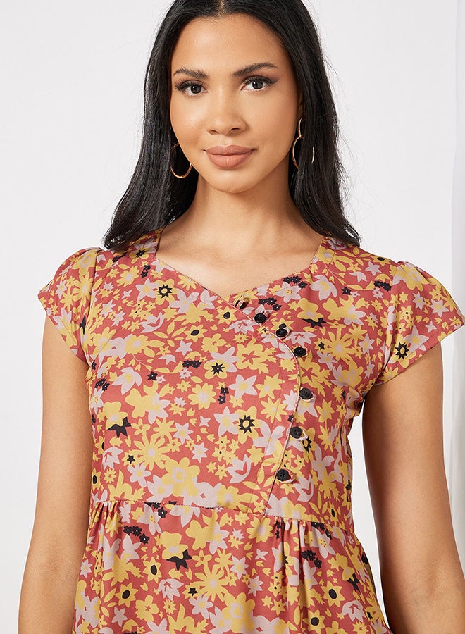 Blue Saint Floral Print V-Neck Dress Orange  - Image 3