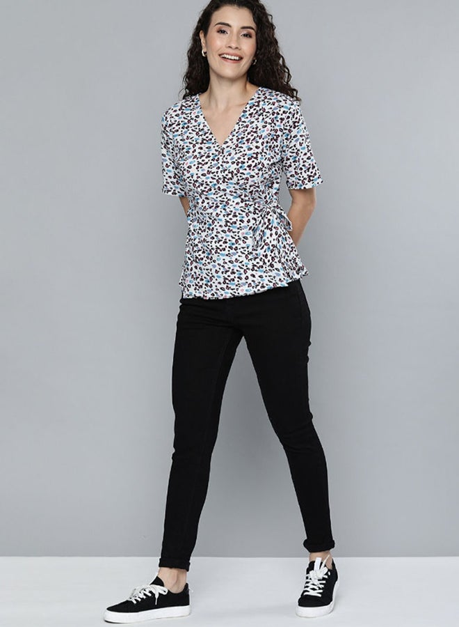 All Over Printed V-Neck Self-Tie Strings Wrap Top Multicolour