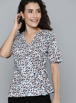 All Over Printed V-Neck Self-Tie Strings Wrap Top Multicolour - v1654755029/N44601249V_1