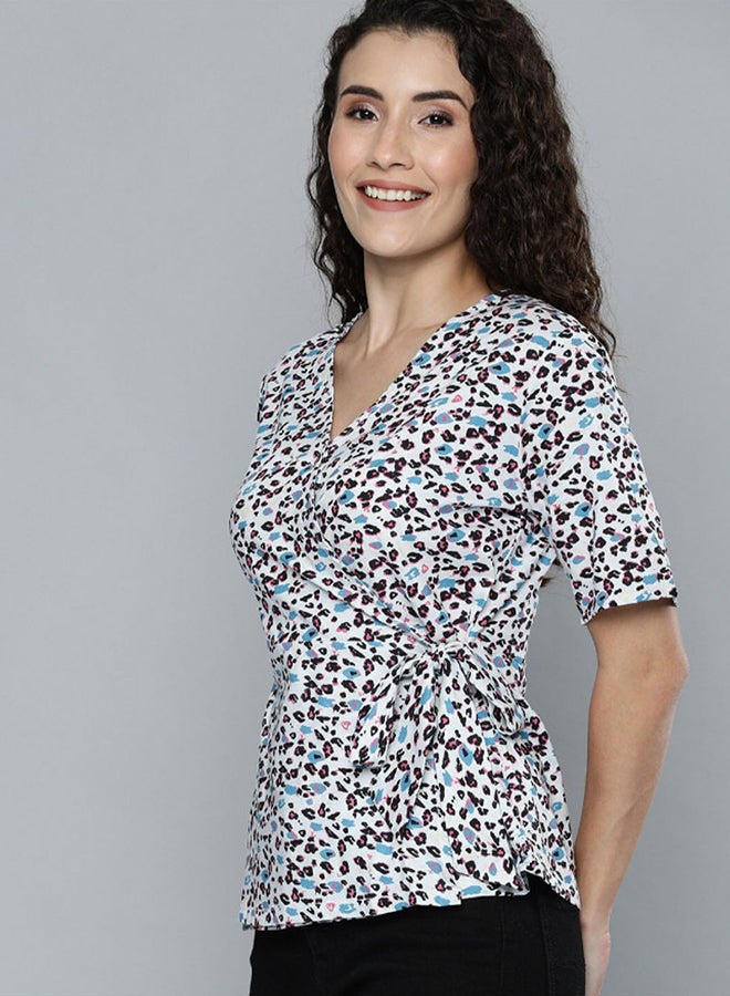 All Over Printed V-Neck Self-Tie Strings Wrap Top Multicolour