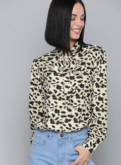 HERE&NOW All-Over Animal Print Tie-Up Neck Straps Long Sleeve Top Multicolour  - Image 1