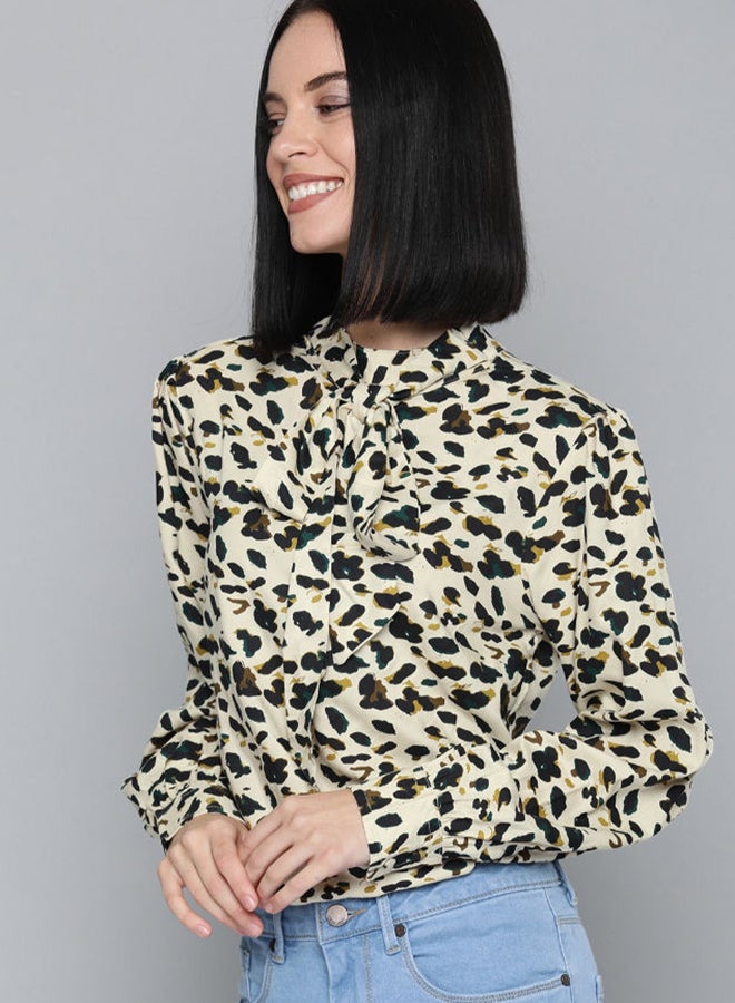 HERE&NOW - All-Over Animal Print Tie-Up Neck Straps Long Sleeve Top Multicolour - Image 1