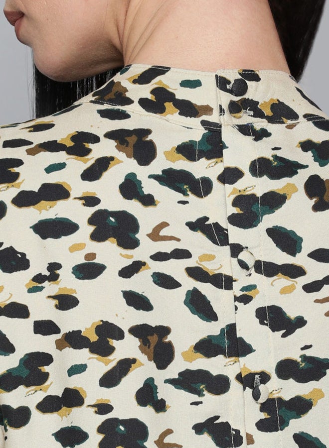 HERE&NOW - All-Over Animal Print Tie-Up Neck Straps Long Sleeve Top Multicolour - Image 1