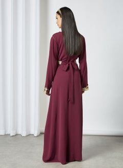 V-Neck Floral Embroidered Moroccan Long Sleeve Maxi Kaftan Maroon - v1654755085/N44603356V_2