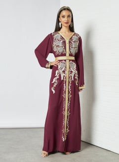 V-Neck Floral Embroidered Moroccan Long Sleeve Maxi Kaftan Maroon - v1654755087/N44603356V_4