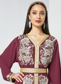 V-Neck Floral Embroidered Moroccan Long Sleeve Maxi Kaftan Maroon - v1654755088/N44603356V_3