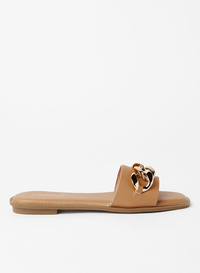 Geoomnii - Madrid Chain Detail Flat Sandals Tan - Image 1