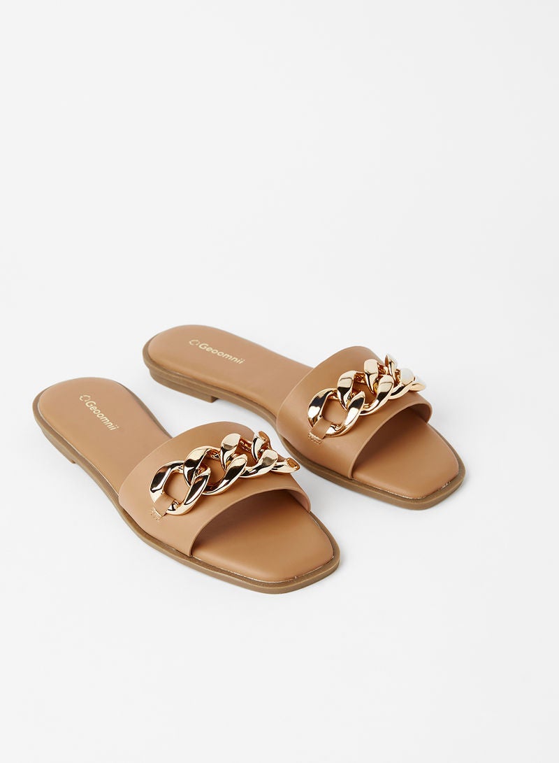 Geoomnii - Madrid Chain Detail Flat Sandals Tan - Image 1