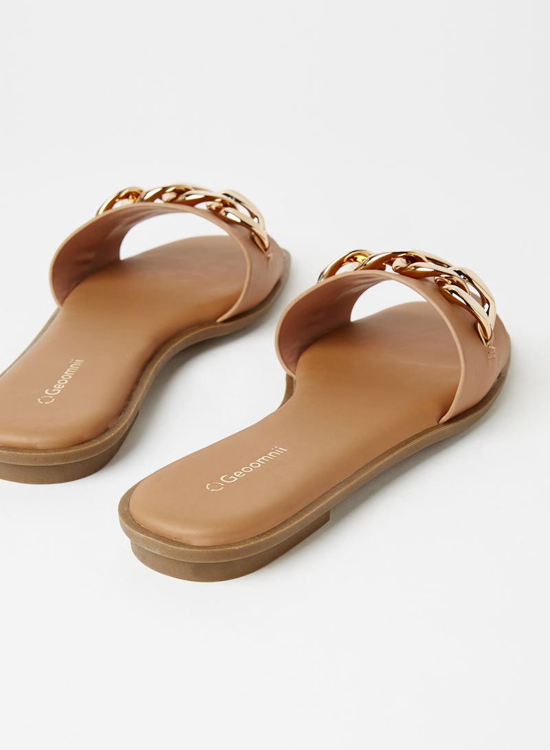 Geoomnii - Madrid Chain Detail Flat Sandals Tan - Image 1