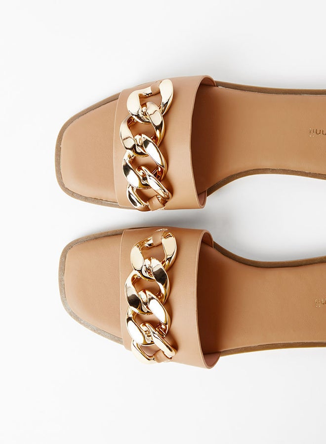 Geoomnii - Madrid Chain Detail Flat Sandals Tan - Image 1