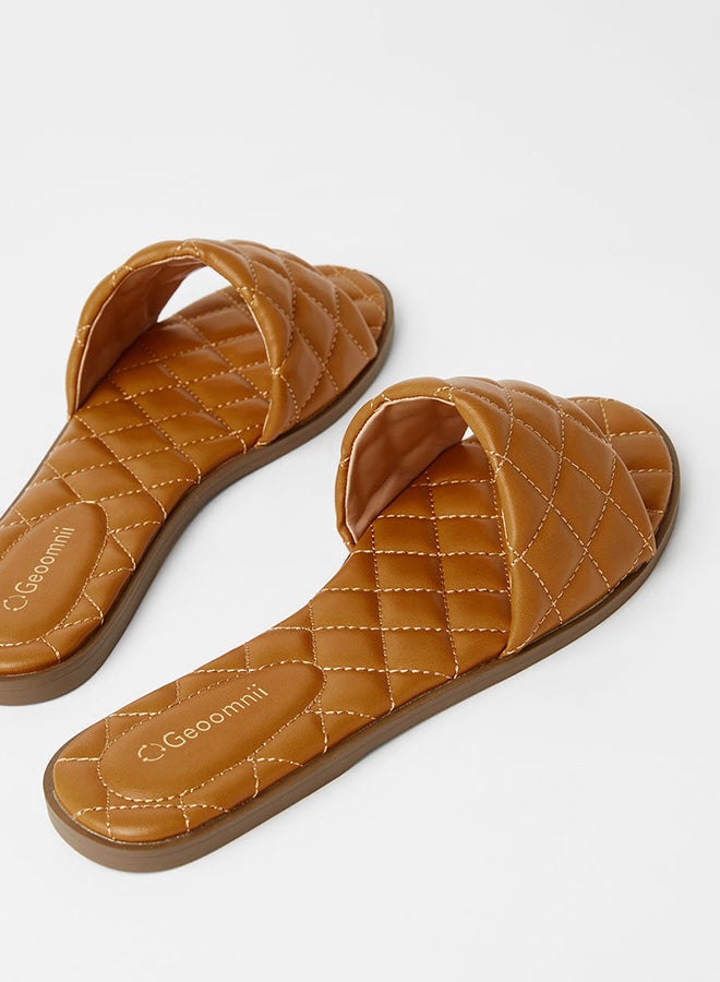 Geoomnii - Ruse Quilting Effect Flat Sandals Brown - Image 1