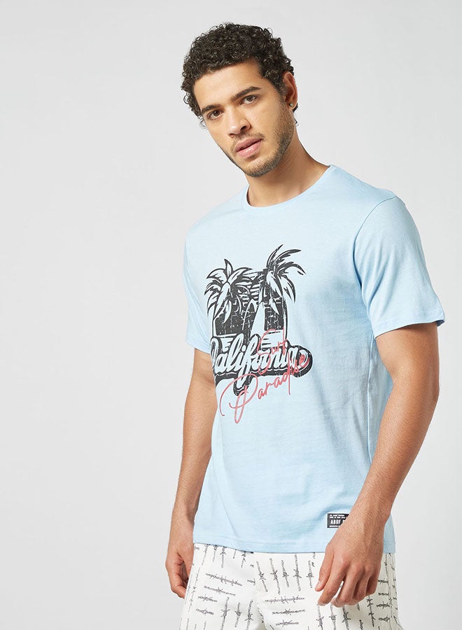 ABOF - California Printed Regular Fit Crew Neck T-Shirt Light Blue - Image 1