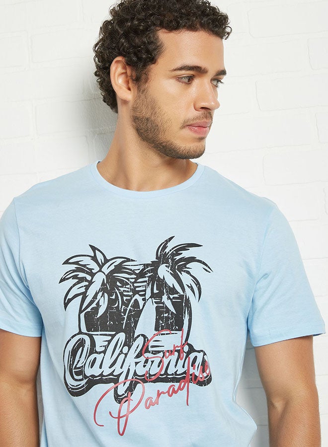 ABOF - California Printed Regular Fit Crew Neck T-Shirt Light Blue - Image 1