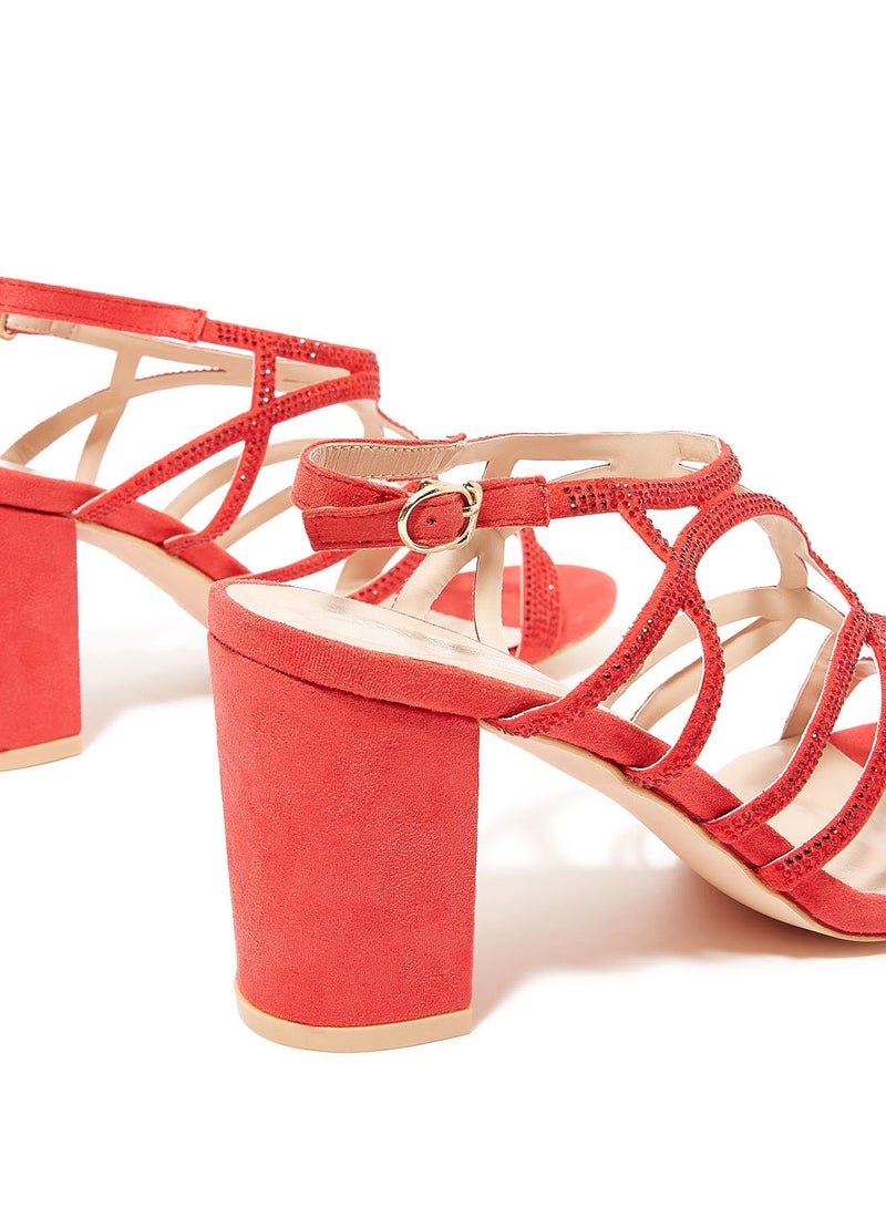Ronnie Grey Embellished Strap Block Heel Sandals Red  - Image 3
