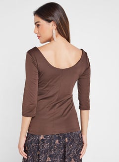QUZU Scoop Neck Casual Blouse Brown  - Image 2