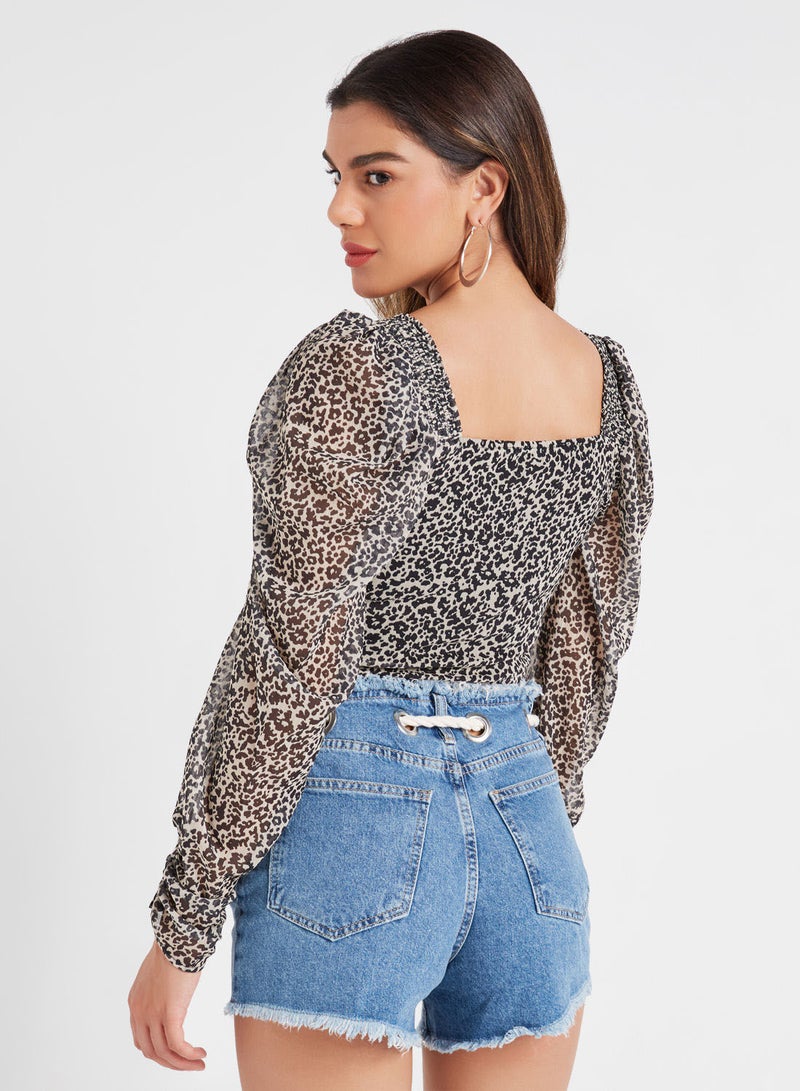 QUZU Square Collar All-Over Printed Blouse Beige - Image 2