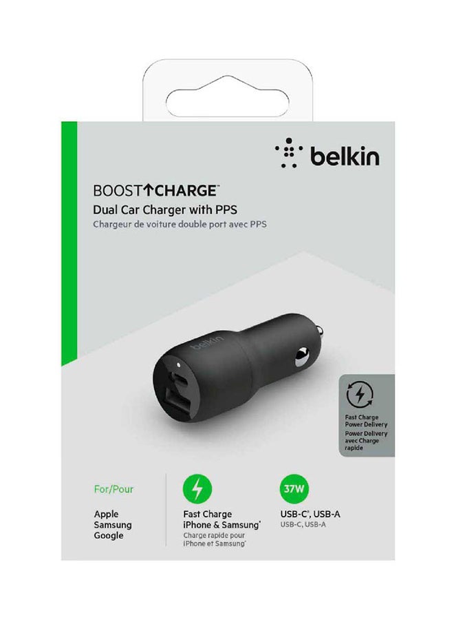 belkin - 37W Dual Port Fast Car Charger, USB Type C 25W PPS Port and USB A 12W Port for Galaxy S22, Ultra, 5G, Plus, Note 20, iPhone 14/14 Plus, 13, 12, Pro, Max, Mini and More Black - Image 1