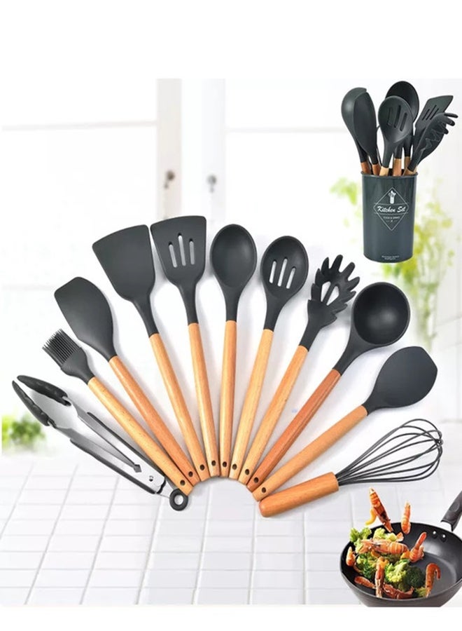 طقم أدوات طهي مع حامل أسطواني ومقبض من الستانلس ستيل مكون من 8 قطع أسود/فضي - Image 2