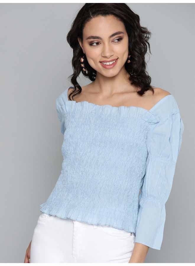 HERE&NOW Shirred Panel Smocking Plain Fitted Square Neck Three-Quarter Sleeve Top Airy Blue  - Image 1
