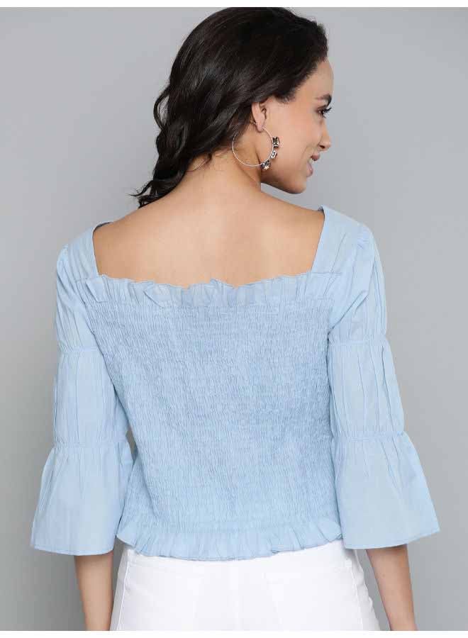 HERE&NOW Shirred Panel Smocking Plain Fitted Square Neck Three-Quarter Sleeve Top Airy Blue  - Image 2