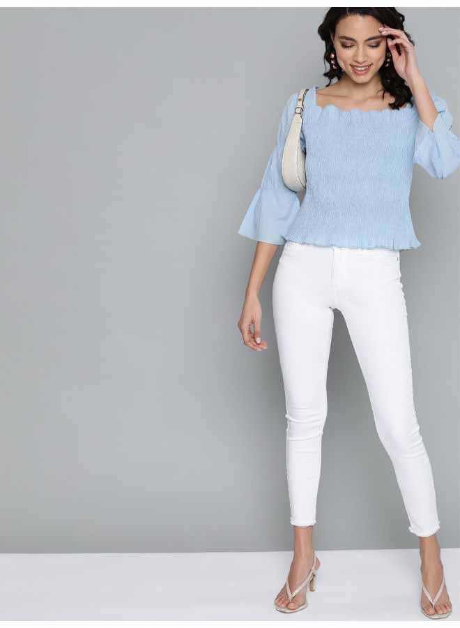 HERE&NOW Shirred Panel Smocking Plain Fitted Square Neck Three-Quarter Sleeve Top Airy Blue  - Image 3