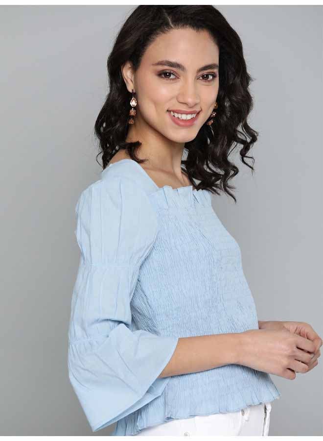 HERE&NOW Shirred Panel Smocking Plain Fitted Square Neck Three-Quarter Sleeve Top Airy Blue  - Image 4