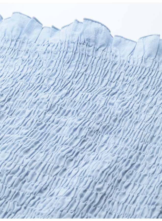 HERE&NOW Shirred Panel Smocking Plain Fitted Square Neck Three-Quarter Sleeve Top Airy Blue  - Image 5