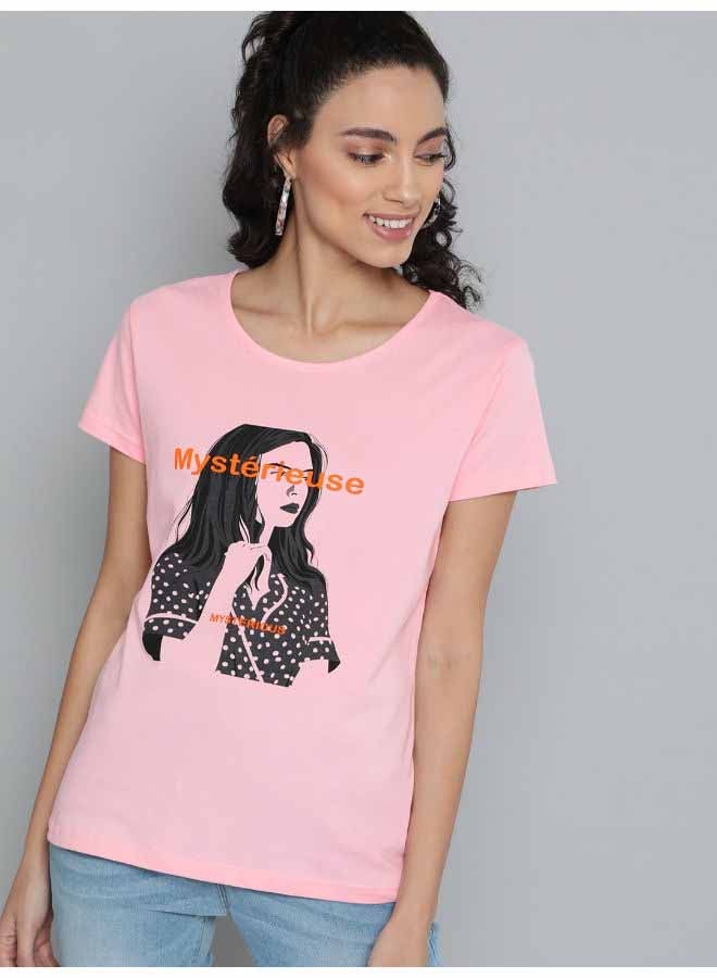 Printed Regular Fit Round Neck T-Shirt Pink/Black - v1654858400/N47555467V_1