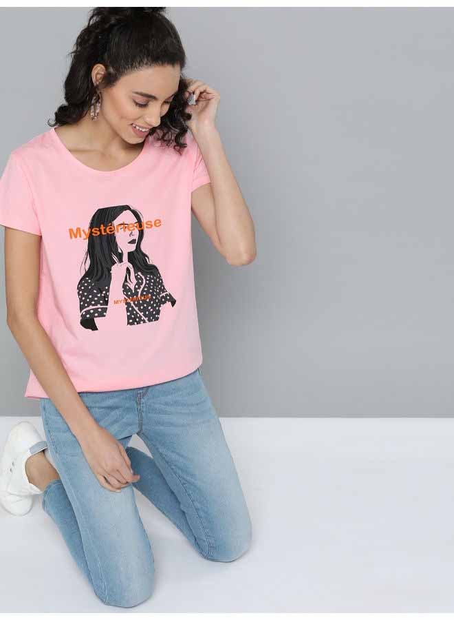 Printed Regular Fit Round Neck T-Shirt Pink/Black - v1654858400/N47555467V_4