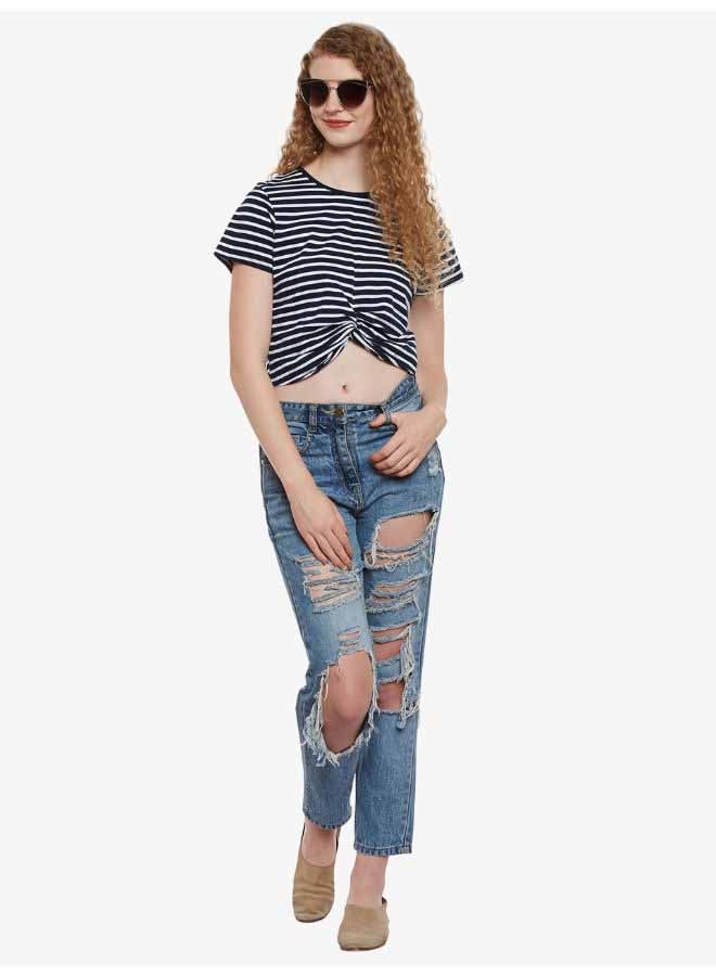 Miss Chase - Stripes Pattern Casual Crop Top BLUE/WHITE - Image 1