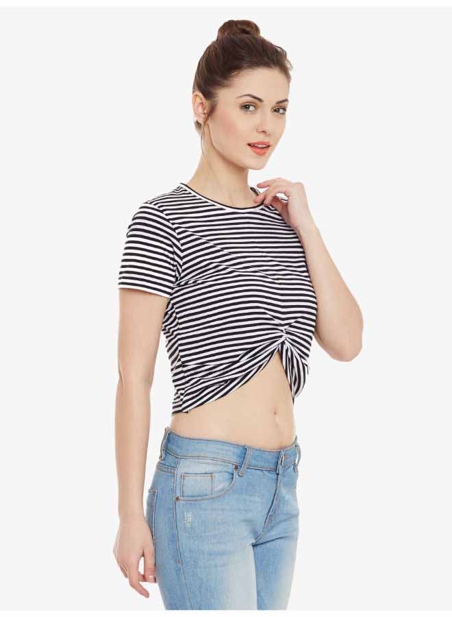 Miss Chase - Stripes Pattern Casual Crop Top Black/White - Image 1
