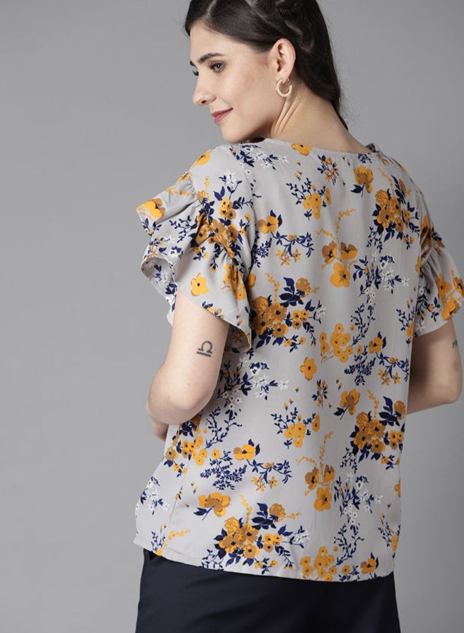 HERE&NOW Floral Printed Round Neck Ruffle Sleeves Regular Fit Top Grey - Image 2