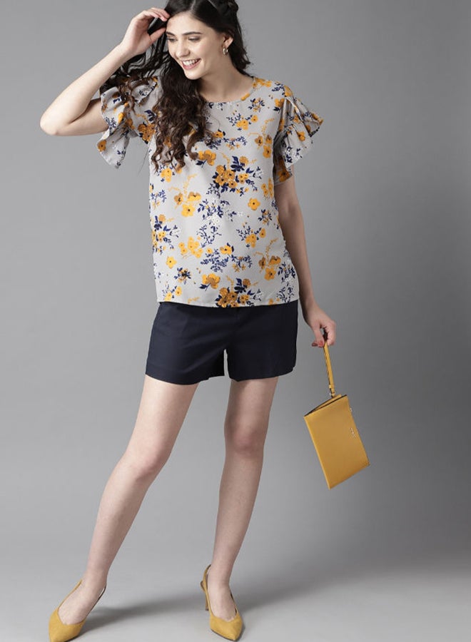 HERE&NOW Floral Printed Round Neck Ruffle Sleeves Regular Fit Top Grey - Image 3