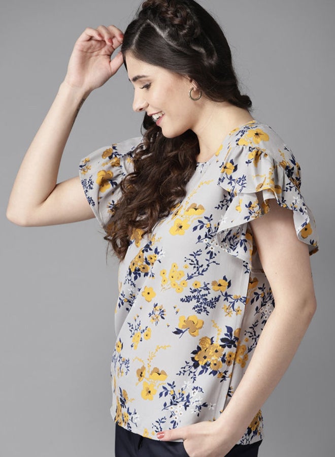 HERE&NOW Floral Printed Round Neck Ruffle Sleeves Regular Fit Top Grey - Image 5